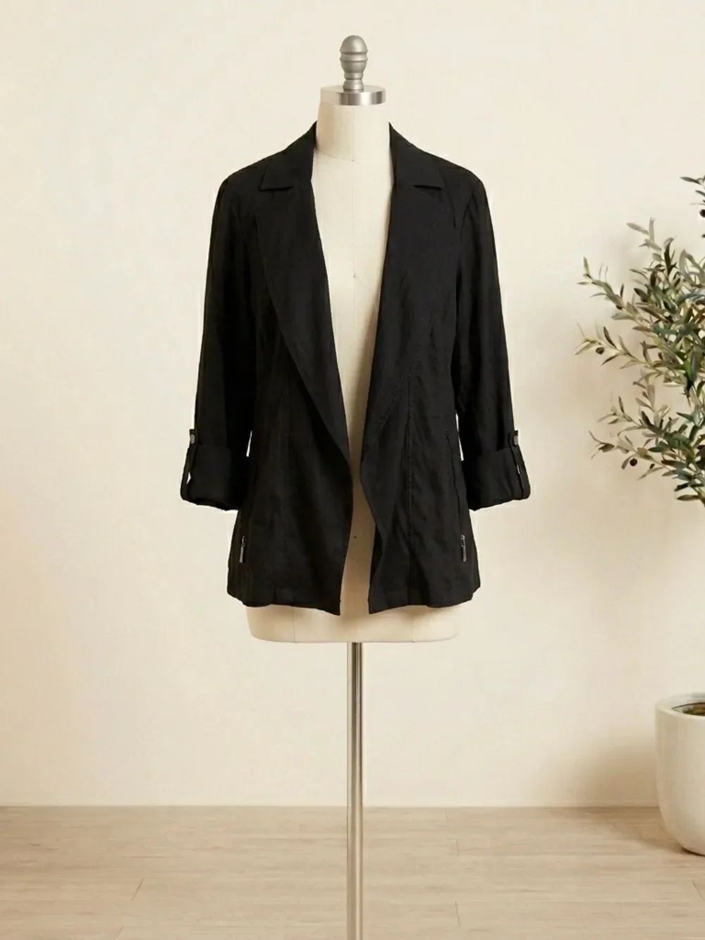 Chico's Black Linen Rayon Blend Roll-Sleeve Open-Front Blazer Size Large